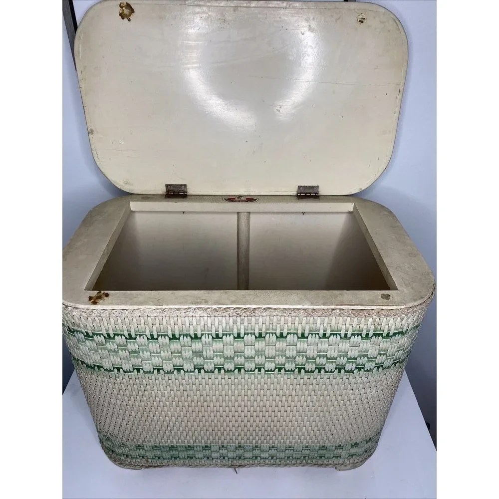 Vintage MCM Red-Man Laundry Hamper Wicker White Green Lucite Top Art Deco